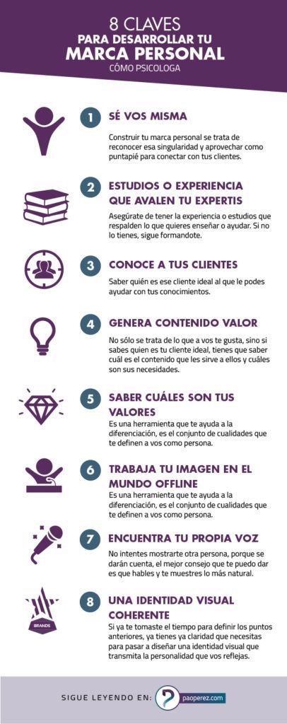 Infografia - 8 claves para desarrollar tu marca personal - Marca Personal & Branding Visual para Psicólogas Y Coaches